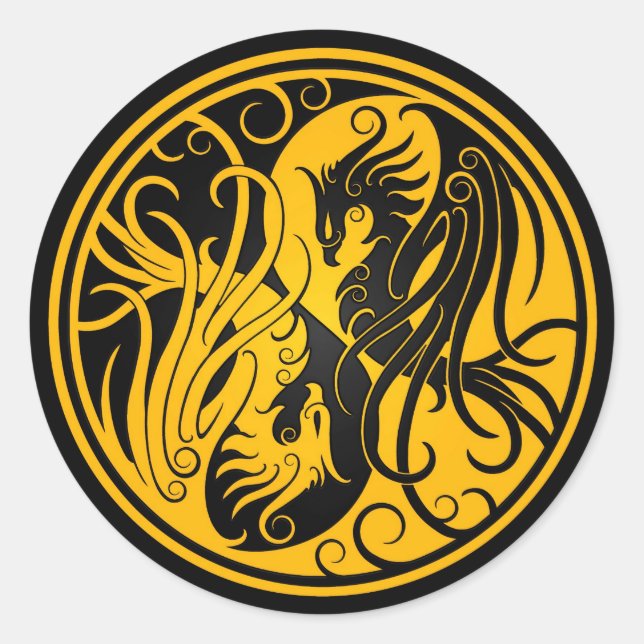 Sticker Rond Yin Yang Phoenix jaune et noir (Devant)