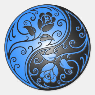 Sticker Rond Yin Yang Roses, bleu et noir