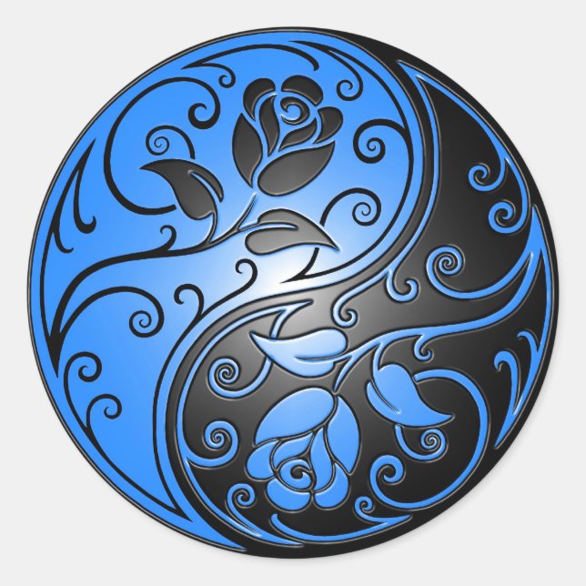 Sticker Rond Yin Yang Roses, bleu et noir (Devant)