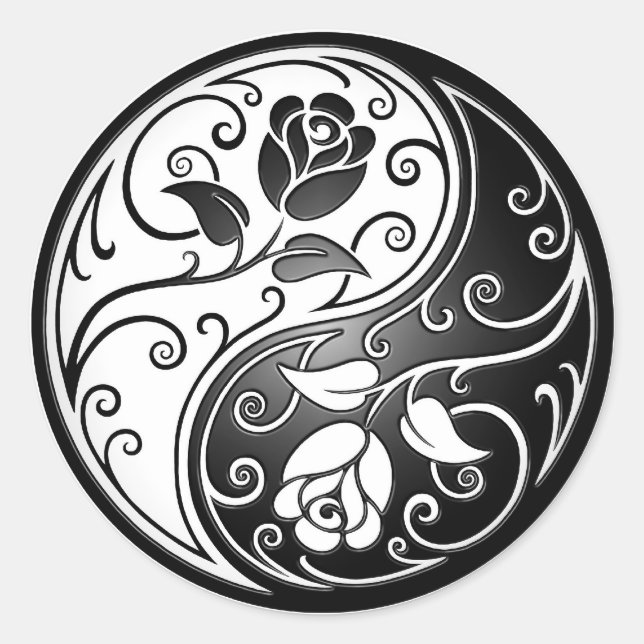 Sticker Rond Yin Yang Roses, noir (Devant)