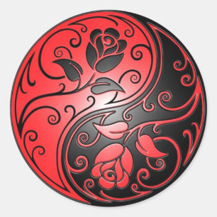 Sticker Rond Yin Yang Roses, rouge et noir