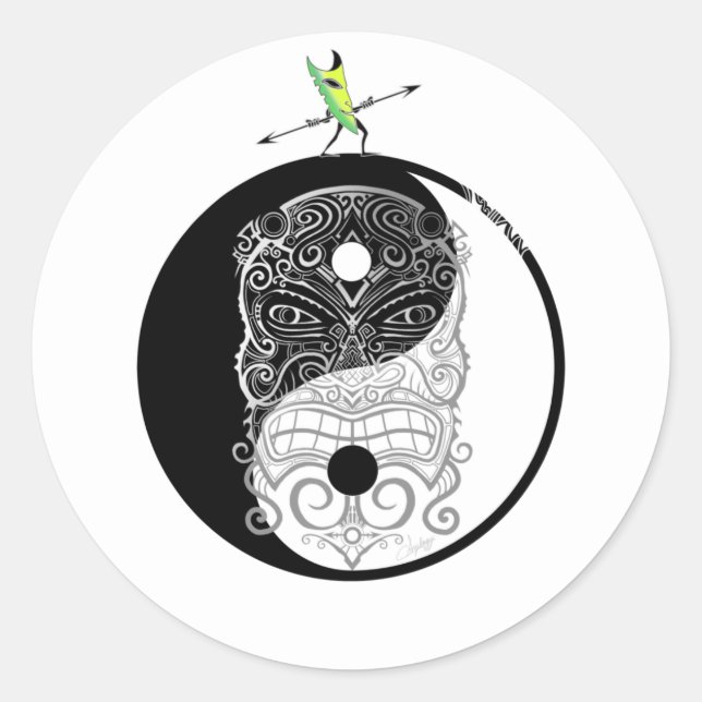 Sticker Rond Yin Yang Tiki Masque guerrier (Devant)