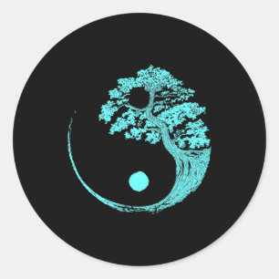 Sticker Rond Yin Yang Turquoise Blue Bonsai Tree Japonais