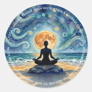 Sticker Rond Yoga Méditation Ciel Nocturne Étoilé Lune Plage Oc
