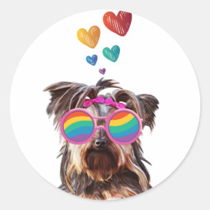 Sticker Rond Yorkie Chien avec Coeurs Saint-Valentin
