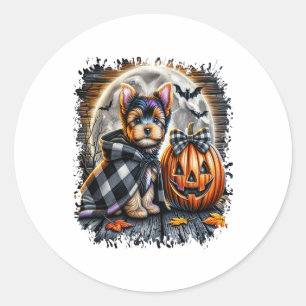 Sticker Rond Yorkie Chien Carré d'Halloween