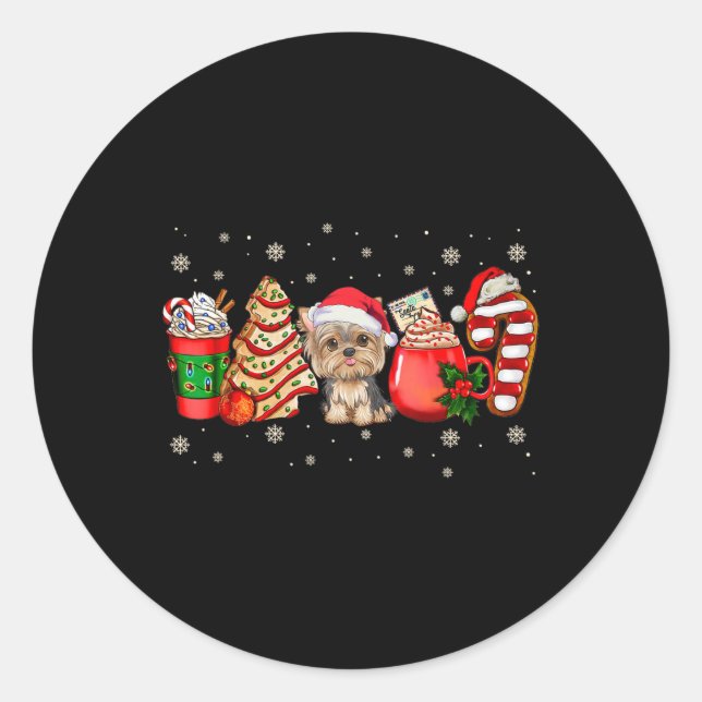 Sticker Rond Yorkie Dog Christmas Pajamas Coffee Latte Mugs Xma (Devant)