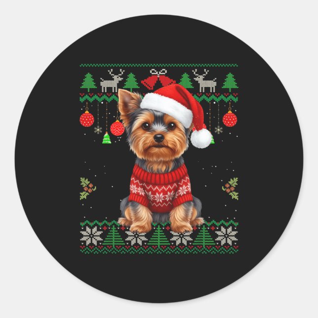 Sticker Rond Yorkie Dog Christmas Wearing Ugly Christmas Sweate (Devant)