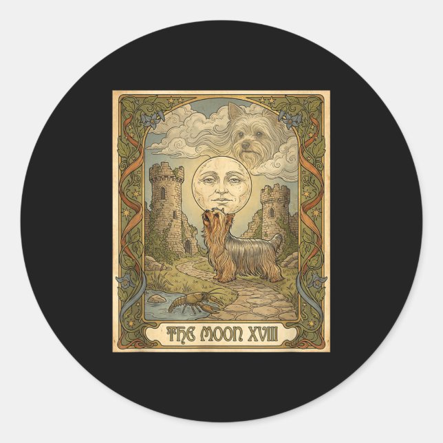 Sticker Rond Yorkie dog howling to the moon meme tarot card (Devant)
