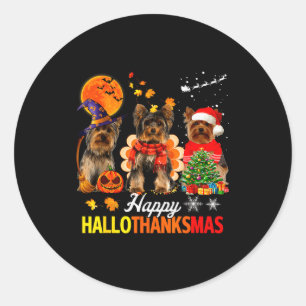 Sticker Rond Yorkie mignon Happy Hallothanksmas Halloween Thank
