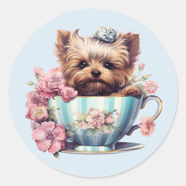 Sticker Rond Yorkshire Terrier assis dans la tasse de thé avec  (Devant)
