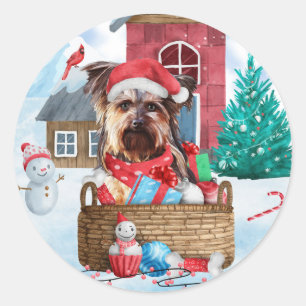Sticker Rond Yorkshire Terrier Chien dans la neige Maison de ch