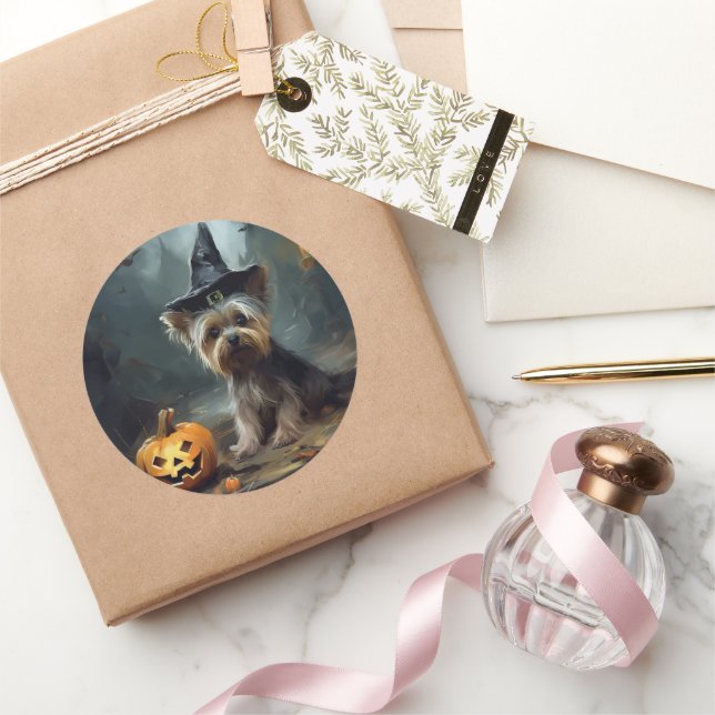 Sticker Rond Yorkshire Terrier Citrouilles Halloween Effrayant  (Cadeaux)