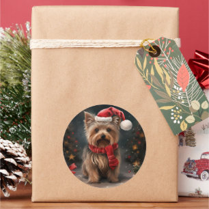 Sticker Rond Yorkshire Terrier dans la neige à Noël