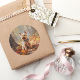 Sticker Rond Yorkshire Terrier en automne Leaves automne Inspir