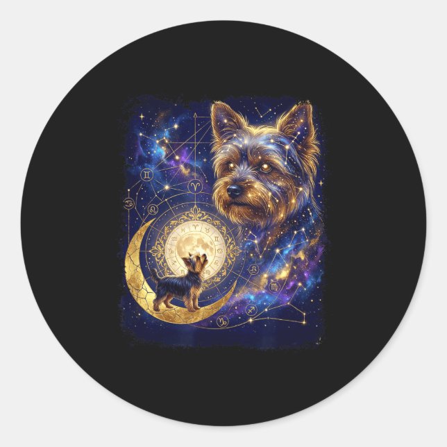 Sticker Rond Yorkshire terrier hurlant à la lune mème 90s (Devant)