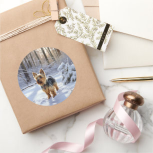 Sticker Rond Yorkshire Terrier Laisser Neige Noël