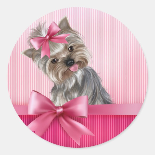 Sticker Rond Yorkshire Terrier Pink Princess Yorkie Puppy Dog (Devant)