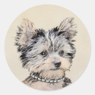 Sticker Rond Yorkshire Terrier Puppy Peinture Chien original