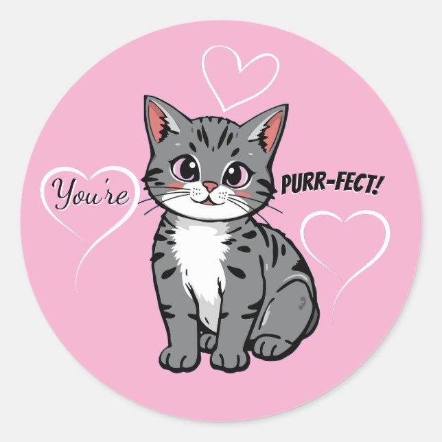 Sticker Rond You're Purr-fect Animated Cat and Hearts Pink (Devant)