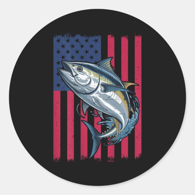 Sticker Rond Youth Boys Deep Sea Fishing American Flag Bluefin  (Devant)