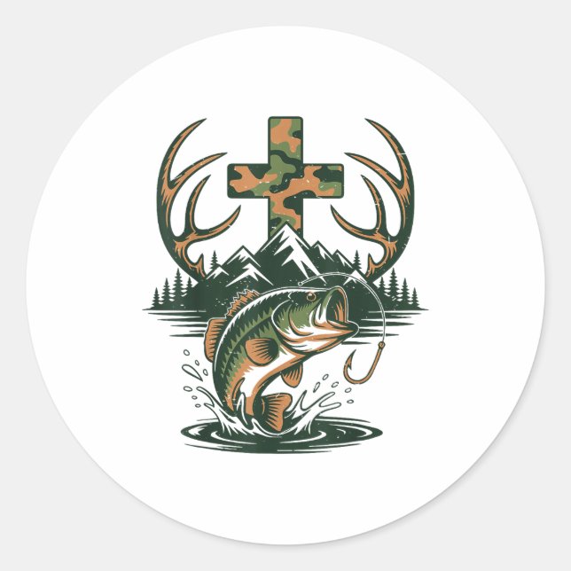 Sticker Rond Youth Camo Faith Hunting Fishing Cross Fisherman C (Devant)