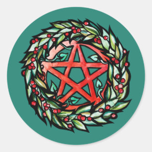 Sticker Rond Yule Wreath Pentacle Pagan Pentagram Holiday