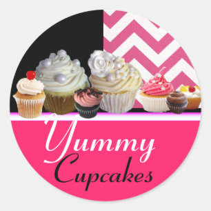 STICKER ROND YUMMY BANNITHDAY CUPCAKES / ROSE CHEVRON BLANC RON