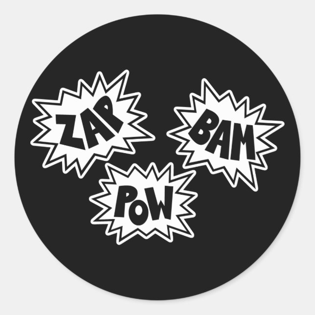 Sticker Rond ZAP BAM POW Comic Sound FX - Blanc (Devant)