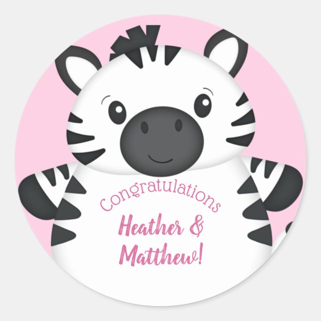 Sticker Rond Zebra Baby shower Safari Rose Girl (Devant)