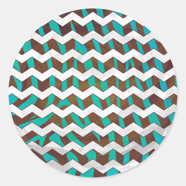 Sticker Rond Zebra Chevron Impression Brown et Turquoise (Devant)