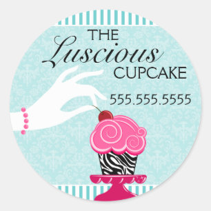 Sticker Rond Zebra Cupcake Turquoise Damask Bakery Seaux