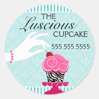 Sticker Rond Zebra Cupcake Turquoise Damask Bakery Seaux