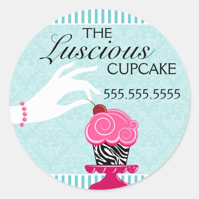 Sticker Rond Zebra Cupcake Turquoise Damask Bakery Seaux (Devant)