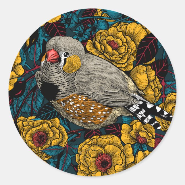 Sticker Rond Zebra finch et buisson rose (Devant)