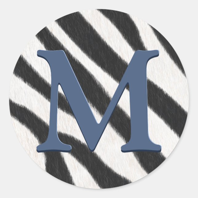 Sticker Rond Zebra Fur Poster de animal gris bleu Monogramme (Devant)