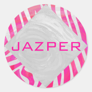 Sticker Rond Zebra Hot rose et blanc avec Monogramme