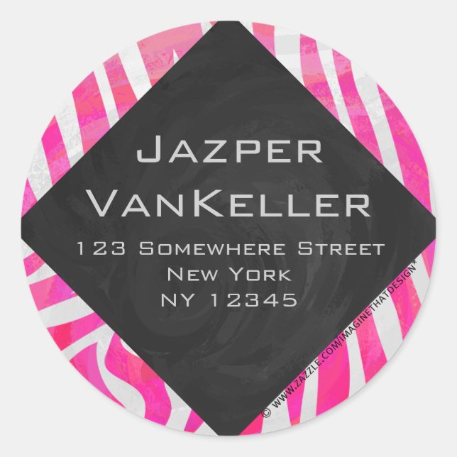 Sticker Rond Zebra Hot rose et blanc avec Monogramme (Devant)