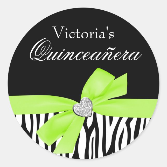Sticker Rond Zebra Lime Green Bow Diamond Quinceanera (Devant)