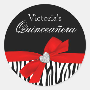 Sticker Rond Zebra Red Bow Diamond Quinceanera