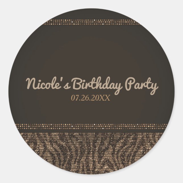 Sticker Rond Zebra Sparkle Brown Gold Glam Party Favoriser (Devant)