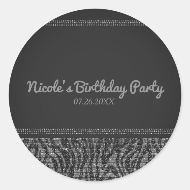 Sticker Rond Zebra Sparkle Silver & Black Glam Party Favoriser (Devant)