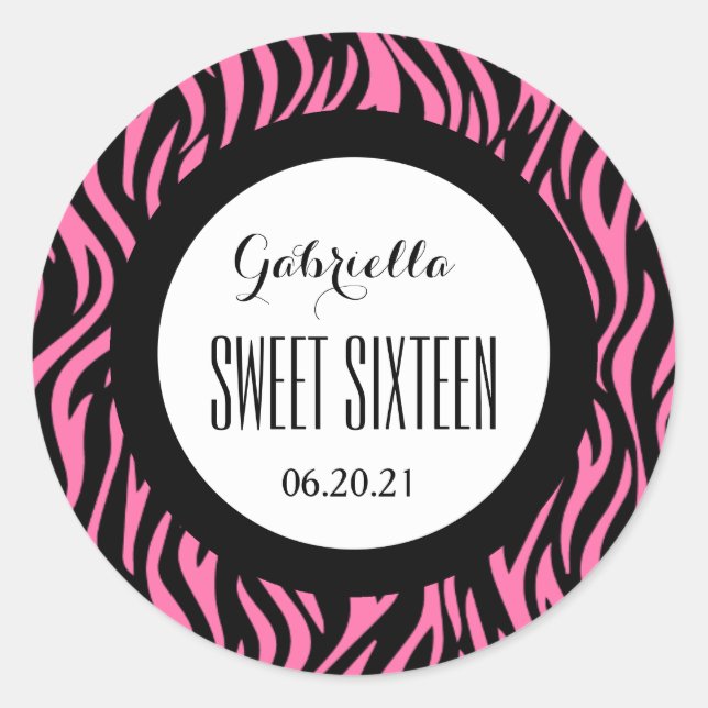 Sticker Rond ZEBRA Sweet sixteen 16 Personnalisé V14 ROSE NOIR (Devant)
