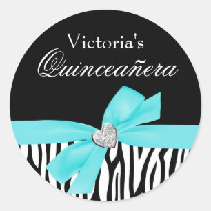 Sticker Rond Zebra Turquoise Blue Bow Diamond Quinceanera
