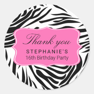 Sticker Rond Zèbre noir et blanc Imprimer avec rose chaud Anniv