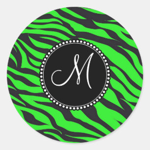 Sticker Rond Zèbre noir vert au néon initial décoré d'un