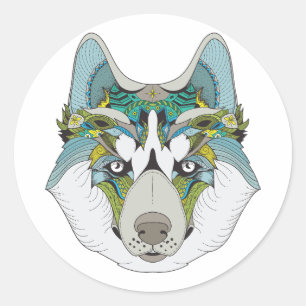 Sticker Rond Zenart motif Husky Dog Blue Husky Face