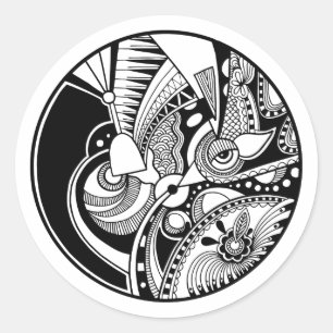 Sticker Rond Zendala abstrait noir et blanc sur le cercle