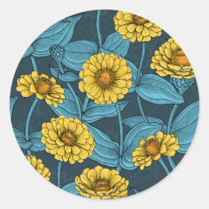 Sticker Rond Zinnias jaune sur bleu foncé
