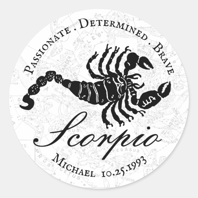 Sticker Rond Zodiac Scorpio Astrologie Noir Blanc Personnalisé (Devant)